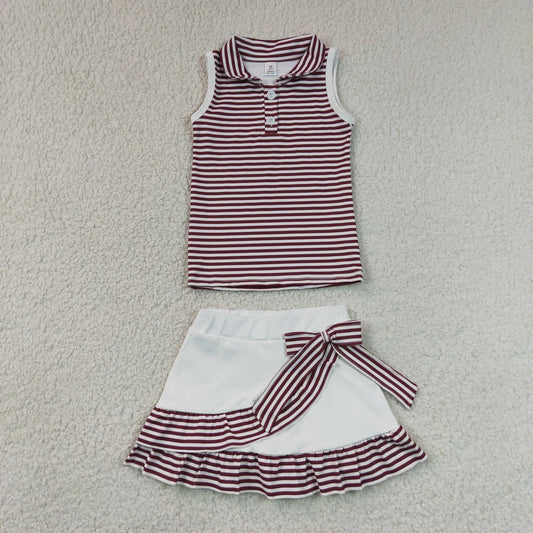 GSD3662 Wine Striped Tank Top Ruffle Skort Sports Active Set Baby Girls Yoga Clothes Set
