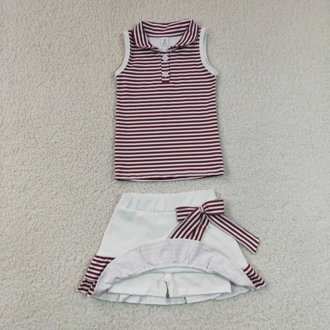 Baby Girls Active Outfit Maroon Striped Tank Top With Skort Sport Set