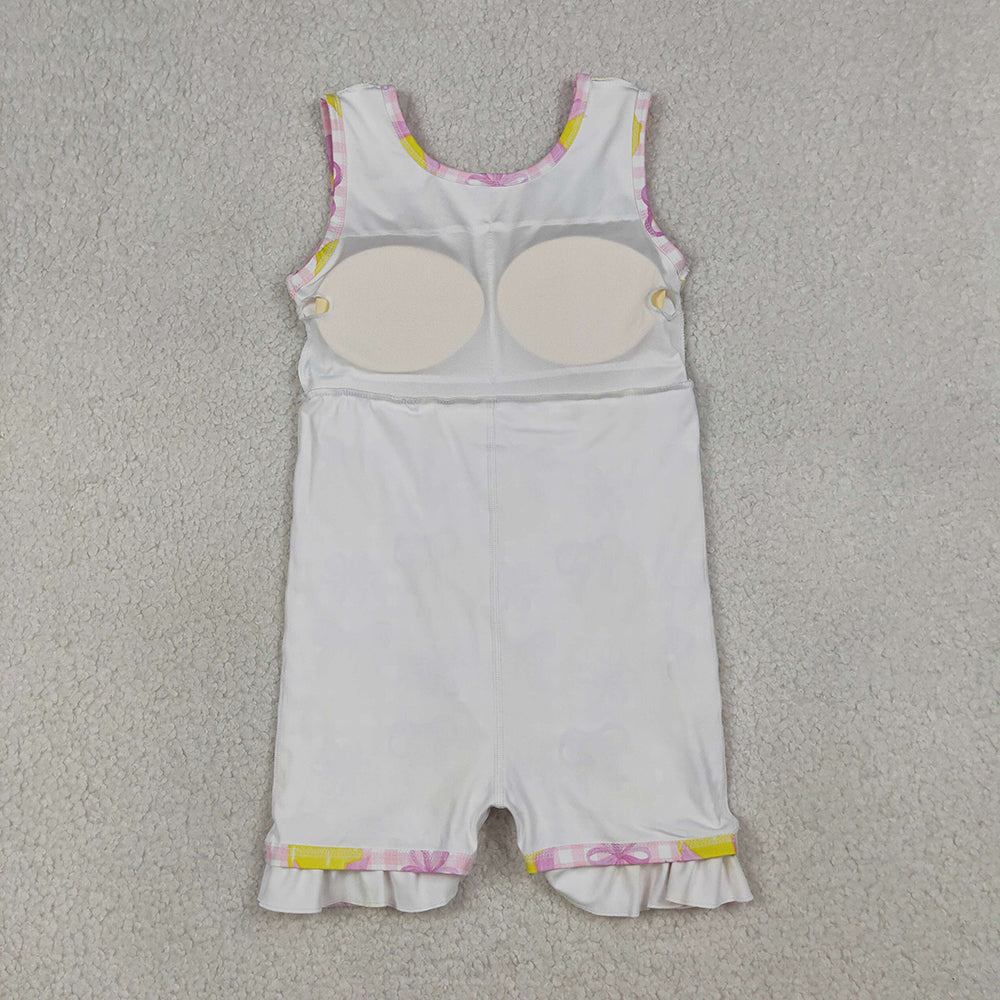 GSD3683 Girls’ Lemon & Pink Gingham Floral Bow Ruffle Sleeveless Yoga Dress