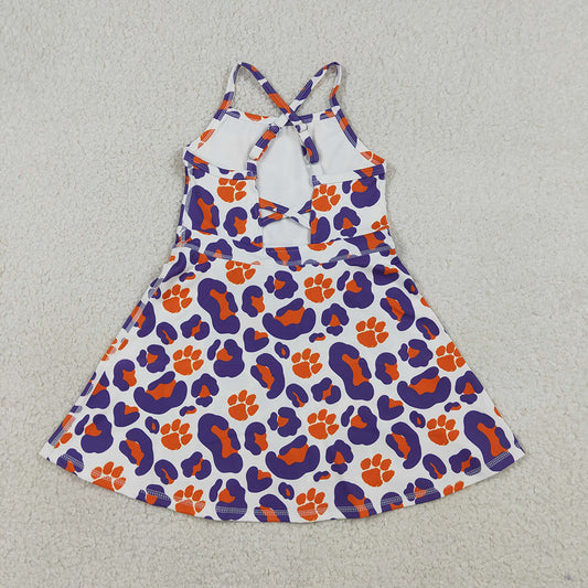 GSD3687 Teams Paw Orange Purple Leopard Print Girls Summer Strap Shorts Knee Length Yoga Dress