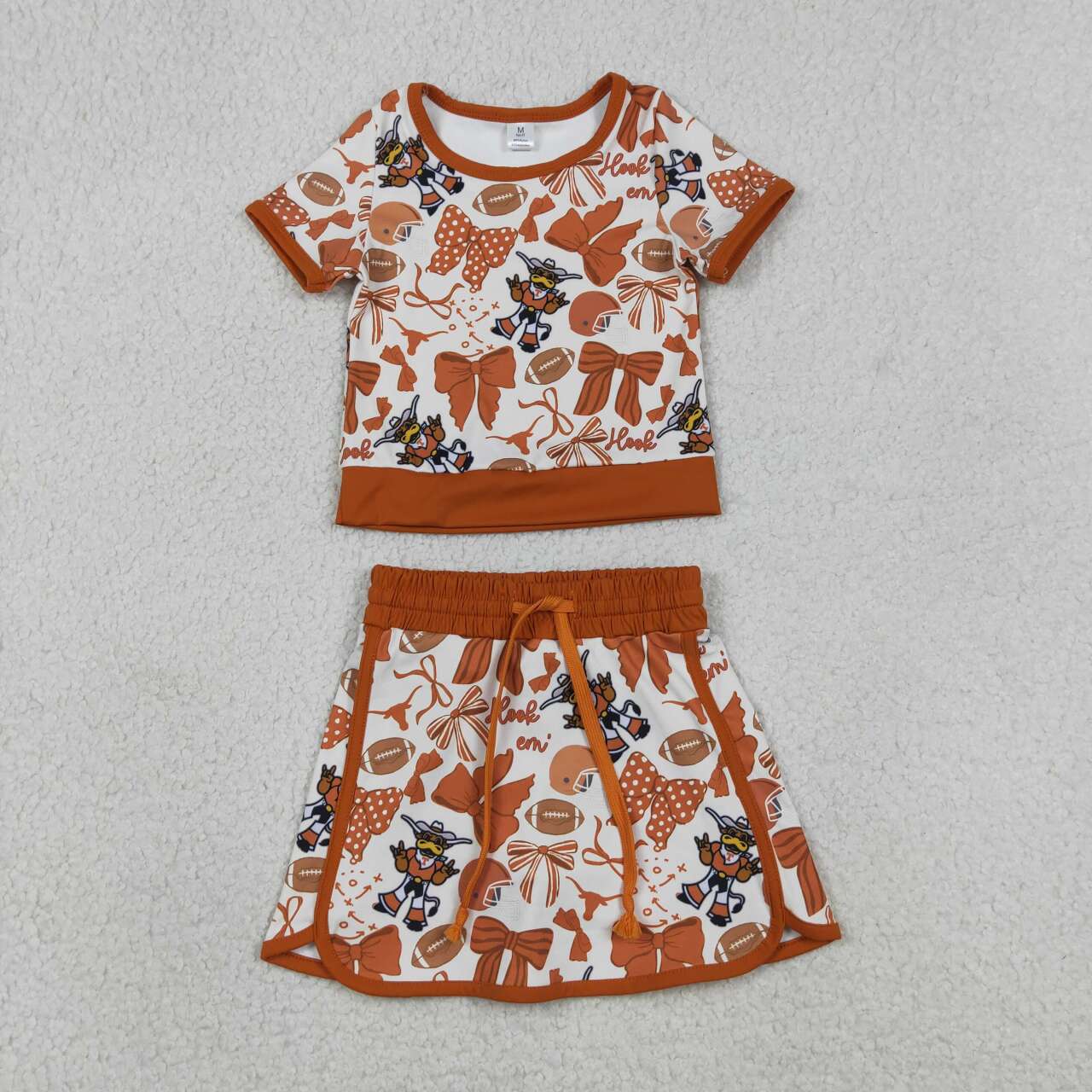 GSD3697 Football Teams Texas Longhorns Bows Tee & Skirts Shorts Yoga Sets Baby Girls Active Wear