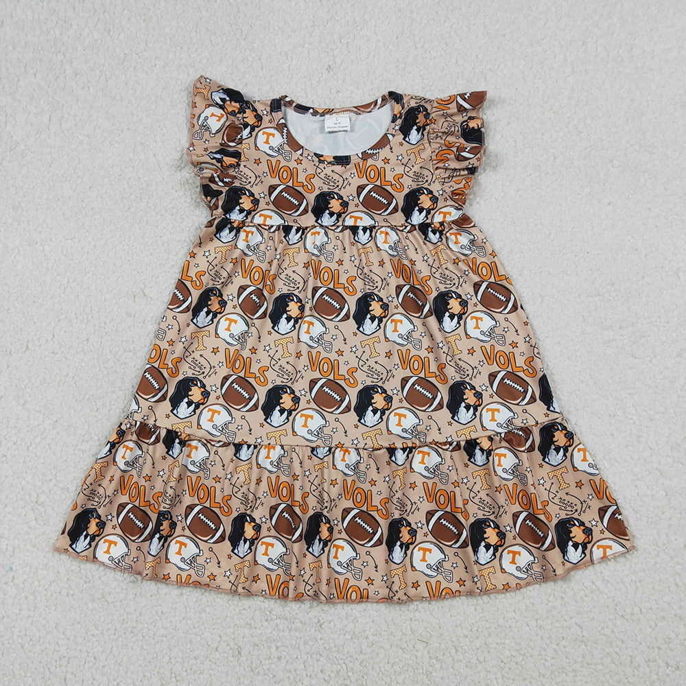 GSD3703 Teams Tennessee VOLS Print Girls Flutter Sleeves Patchwork Knee Length Dress