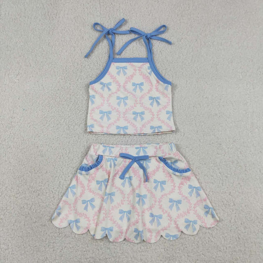 Bows Strap Tank Top Pockets Skort Girls Summer Yoga Clothes Set