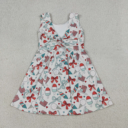 GSD3750 Girls’ Ice Cream & Firework Flag Heart Bow Sleeveless 4th of July Yoga Dress