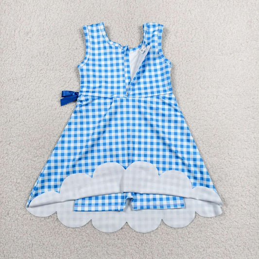 GSD3778 Blue Plaid Print Girls Bows Scallop Yoga Active Zipper Dress