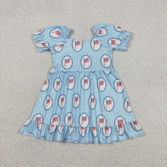 GSD3792 Flag Stripes Print Girls 4th of July Knee Length Dress