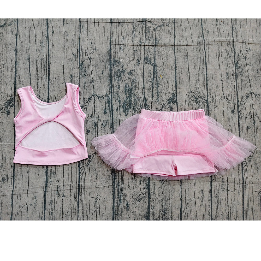 GSD3806 Baby Girls Pink Tank Backless Top Tulle Skirt Shorts Yoga Active Clothes Set Preorder