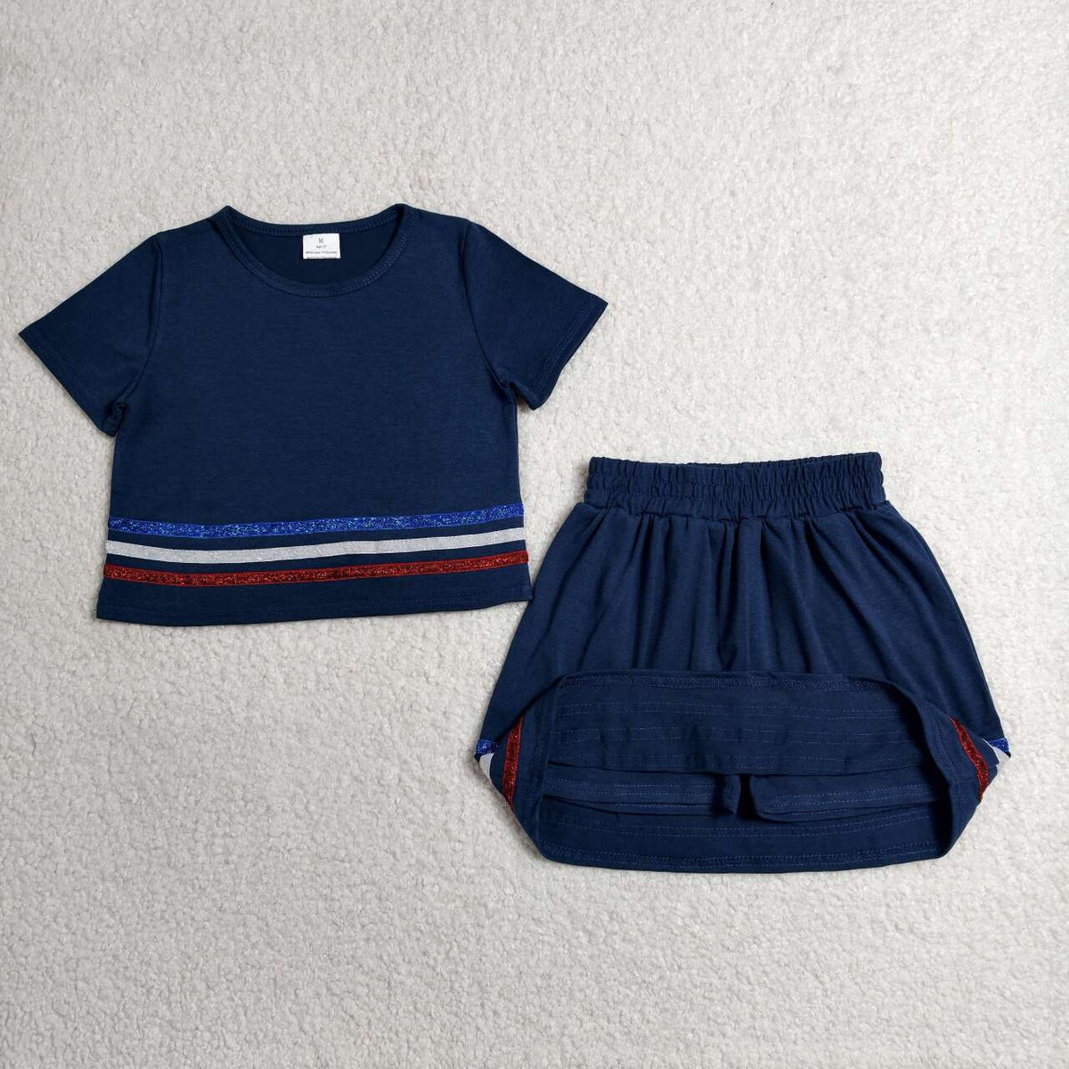 GSD3811 Navy Cotton Outfits - Sequin Stripe Crop Top & Skort Girls Summer Clothes Set