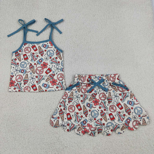 GSD3827 Coffee Ice Cream Strap Top Scallop Edge Skort Girls 4th of July Clothes Set