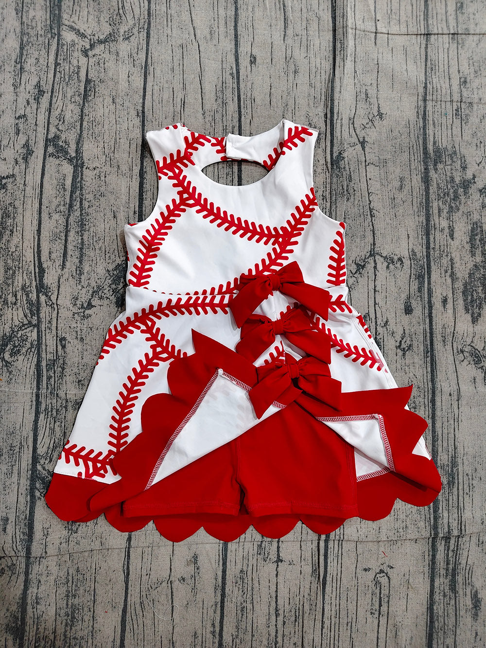 Preorder GSD3833 Baseball Print Girls Summer Bows Knee Length Yoga Dress