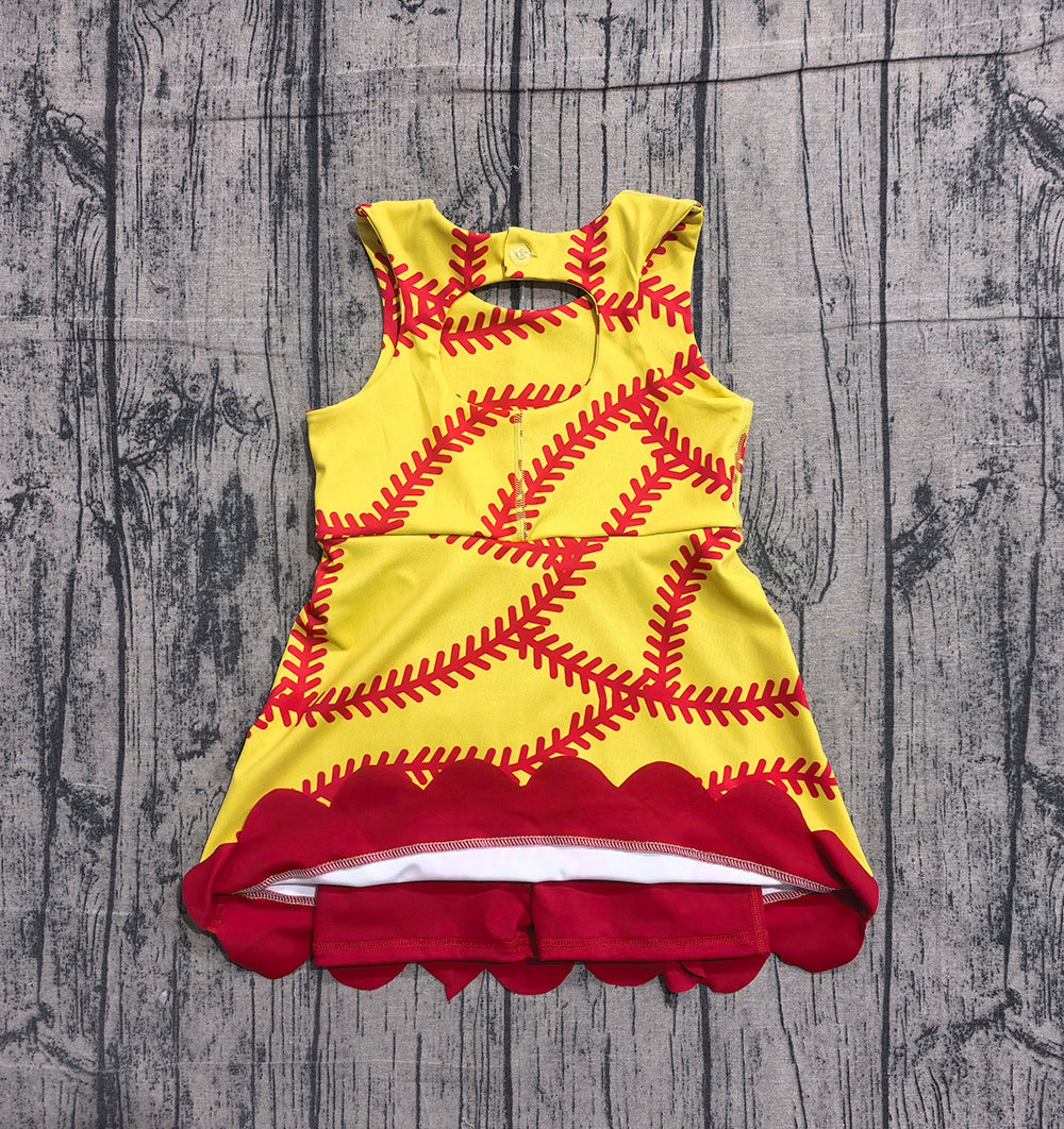 Preorder GSD3834 Softball Print Girls Summer Bows Knee Length Yoga Dress