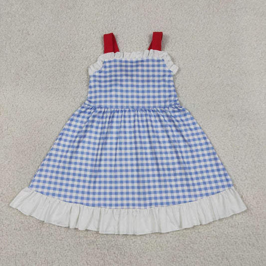 GSD3843 Blue Plaid Red Strap Baby Girls Summer Dress