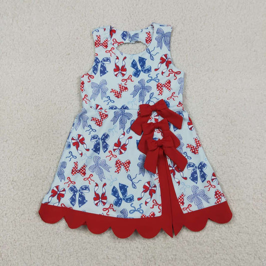 GSD3875 Red Blue Bows Girls 4th of July Shorts Knee Length Yoga Scallop Dress