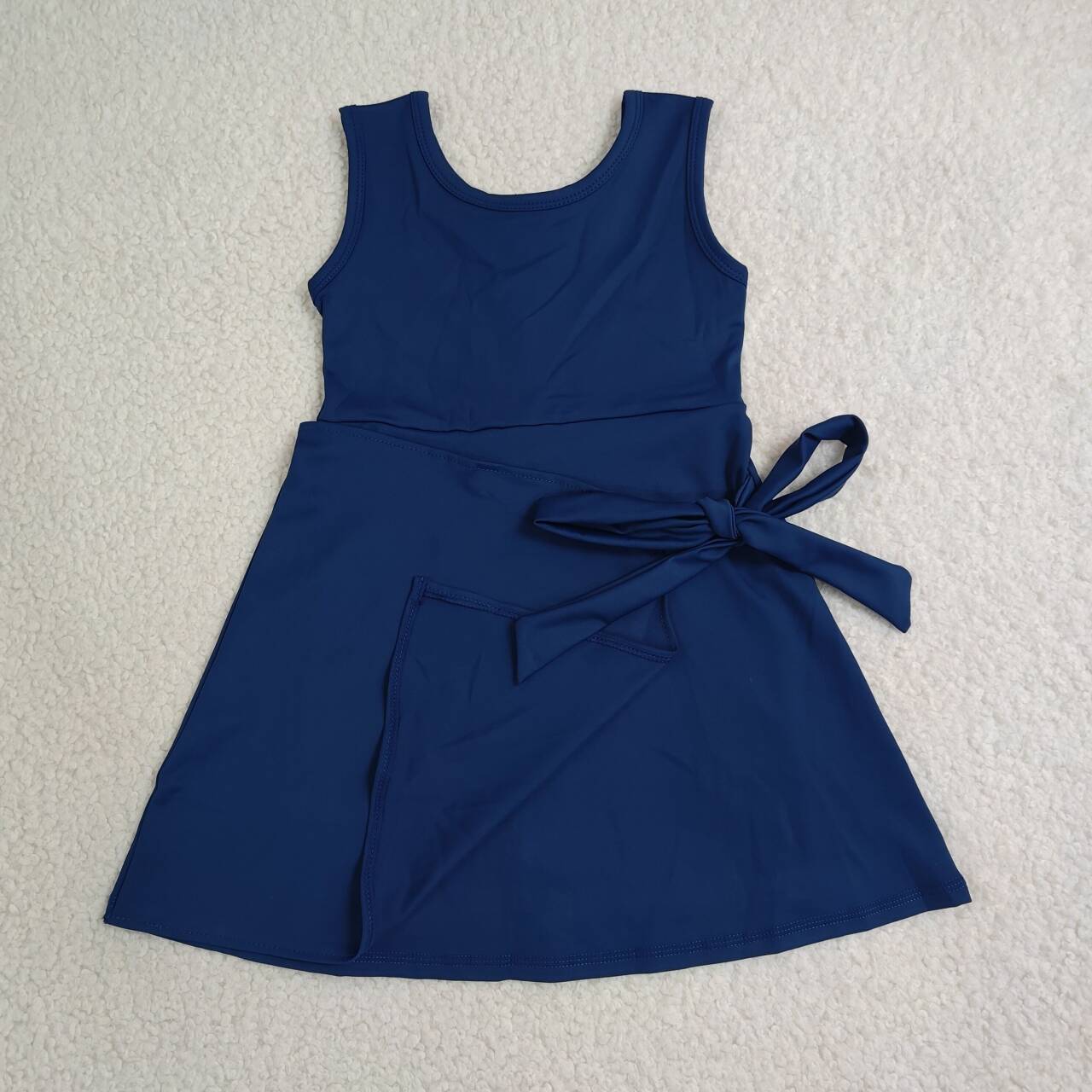 GSD3880 Navy Girls Sleeveless Zipper Yoga Dress With Bow