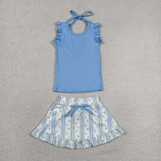 GSD3906 Blue Sleeveless Top Flowers Stripe Skort Girls Yoga Active Clothes Set