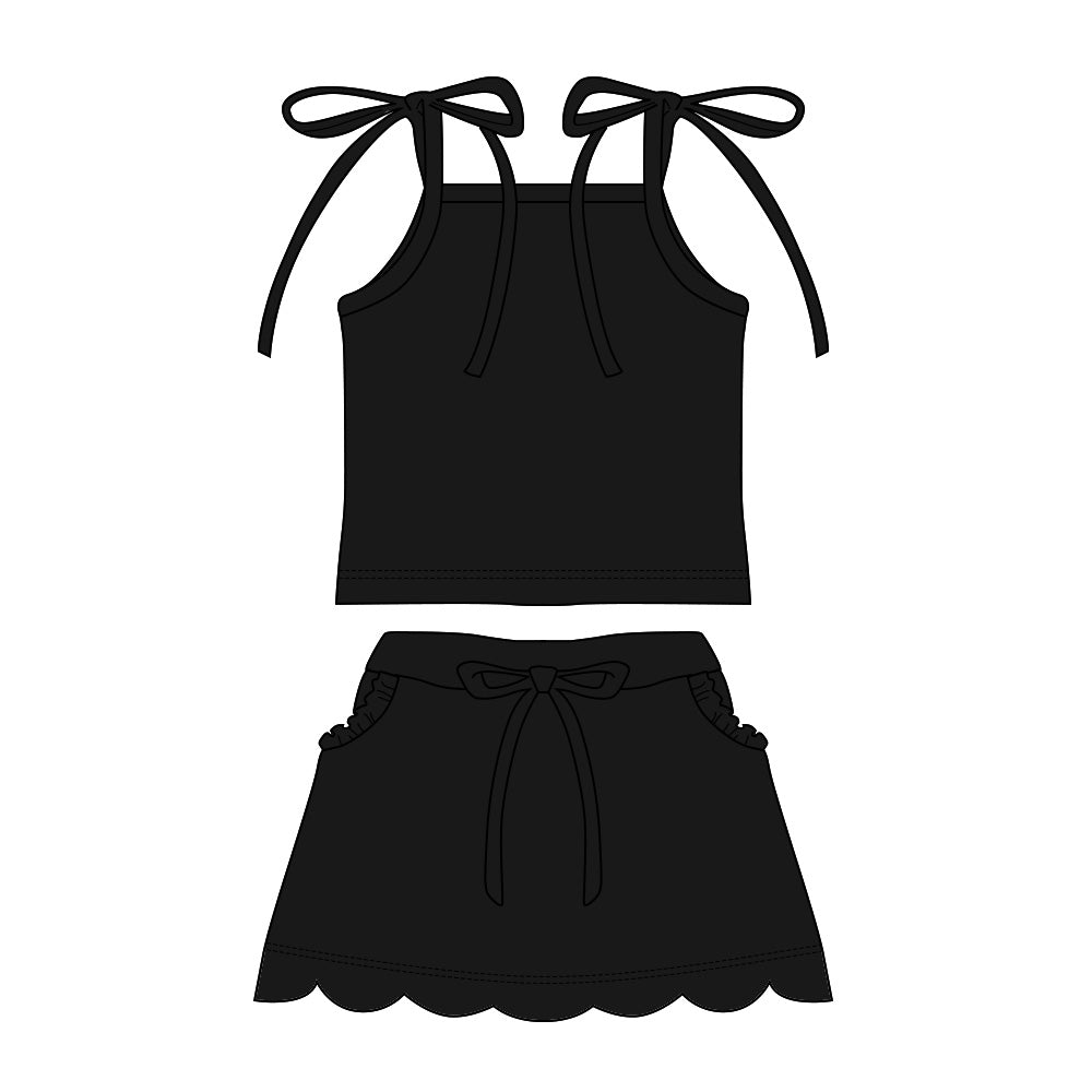 3.11 GSD3910 Preorder Black Strap Top Scallop Pockets Skirt Girls Summer Clothes Set