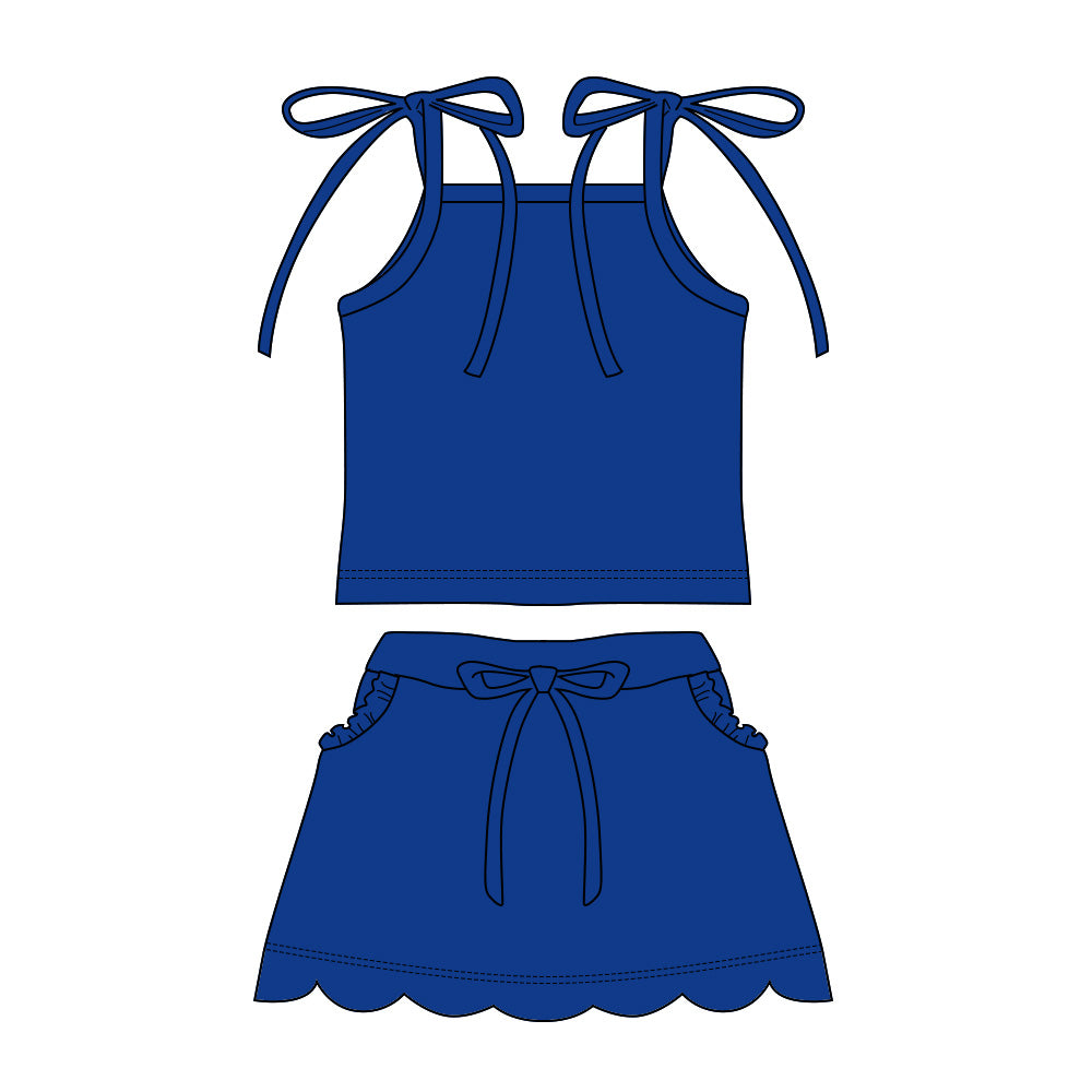 3.11 GSD3912 Preorder Blue Strap Top Scallop Pockets Skirt Girls Summer Clothes Set