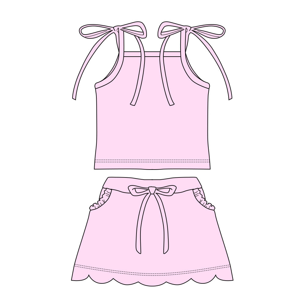 3.11 GSD3913 Preorder Light Pink Strap Top Scallop Pockets Skirt Girls Summer Clothes Set