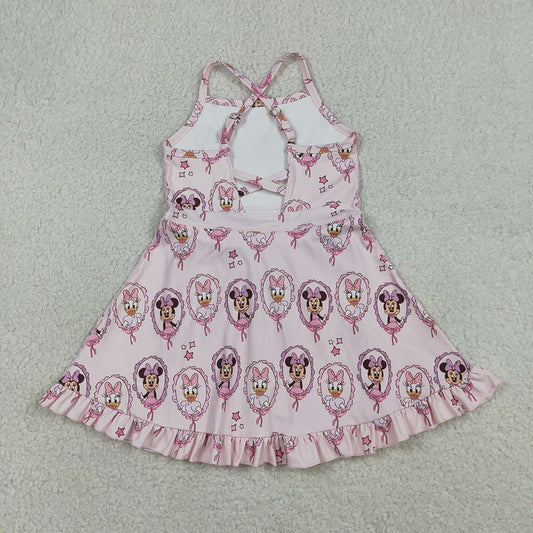 GSD3915 Cartoon Mouse Pink Print Girls Summer Strap Shorts Ruffle Knee Length Yoga Dress