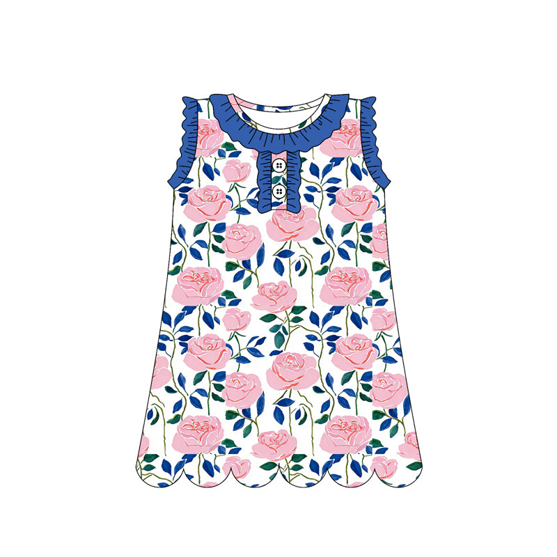 3.12 GSD3920 Preorder Pink Flowers Print Sleeveless Girls Summer Scallop Knee Length Dress