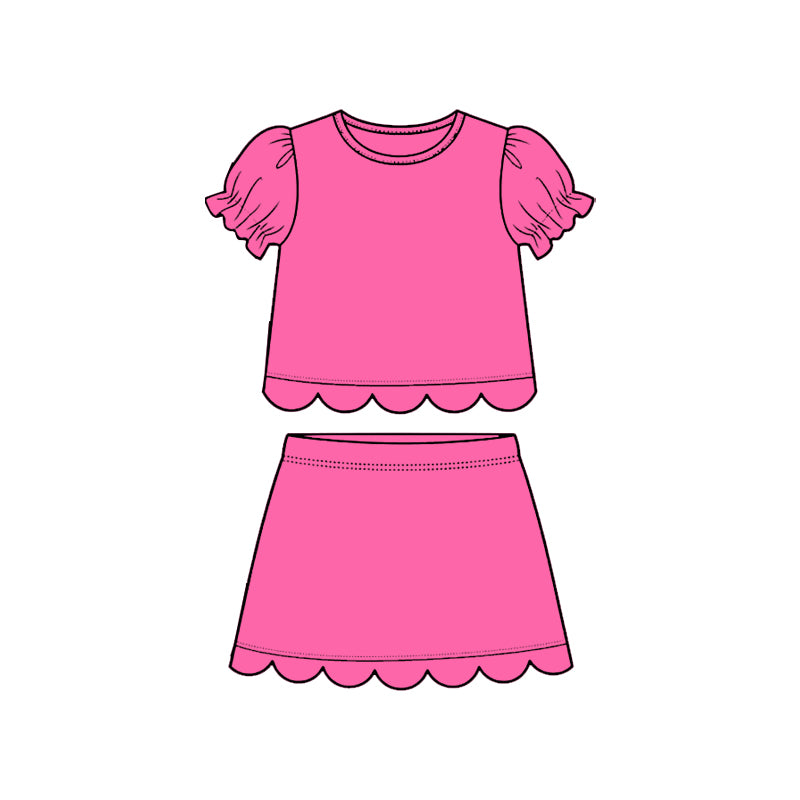 3.16 GSD3930 Preorder Hot Pink Cotton Skirts Girls Summer Scallop Clothes Set