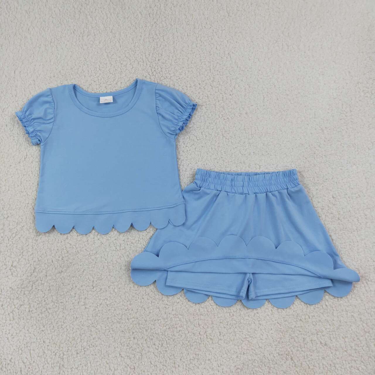 GSD3933 Blue Cotton Skort Girls Summer Scallop Clothes Set