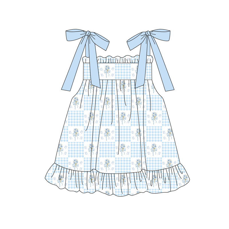 3.18 GSD3956 Preorder Blue Small Flowers Plaid Print Girls Summer Knee Length Strap Dress