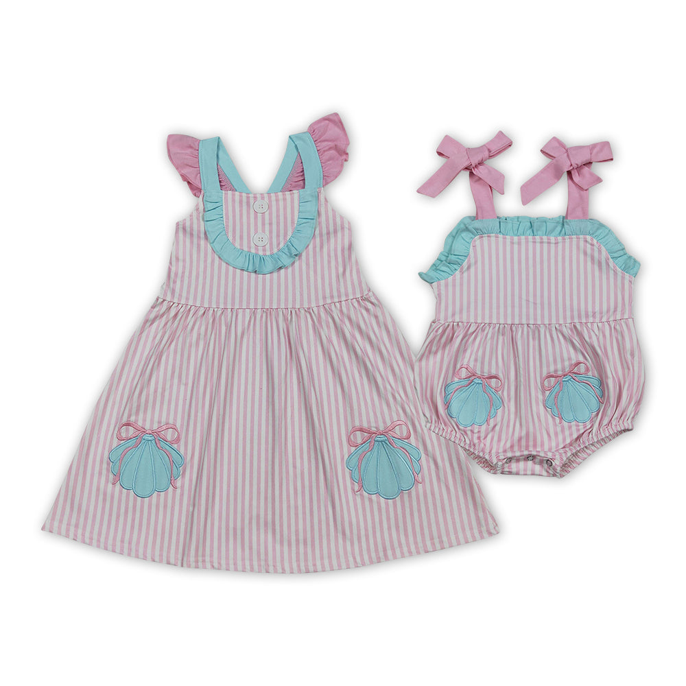 Shell Embroidery Pink Stripe Print Dress & Romper Sisters Beach Wear