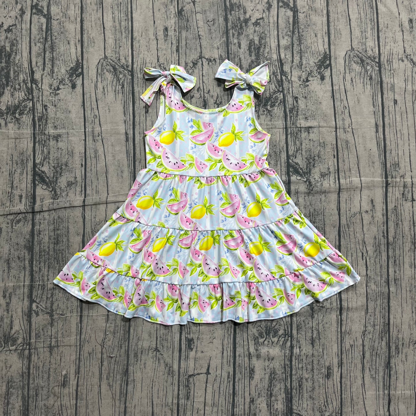 3.20 GSD3965 Preorder Watermelon Lemon Stripes Print Girls Summer Knee Length Strap Dress
