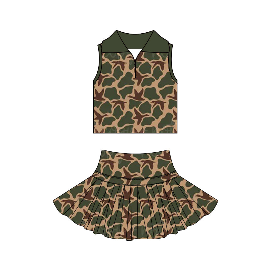 3.21 GSD3968 Preorder Duck Green Camo Zipper Sleeveless Top Skirts Girls Summer Yoga Clothes Set