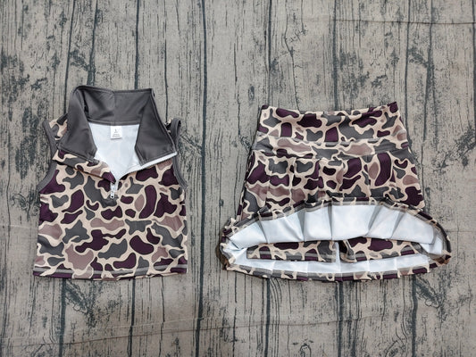 Preorder Dark Brown Camo Zipper Sleeveless Top Skirts Girls Summer Yoga Clothes Set