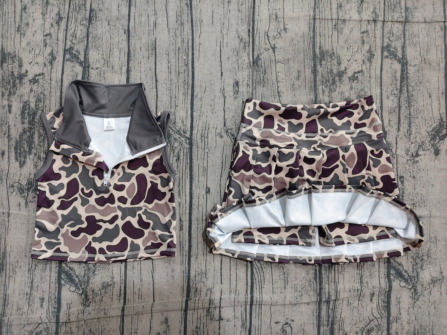 Preorder Dark Brown Camo Zipper Sleeveless Top Skirts Girls Summer Yoga Clothes Set