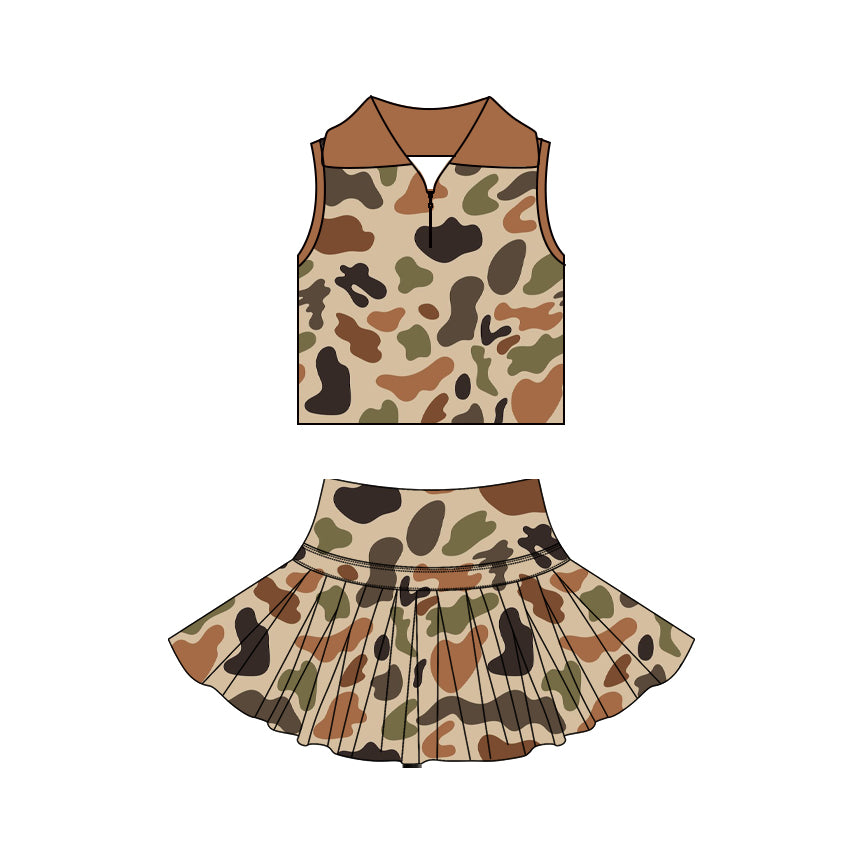 3.21 GSD3971 Preorder Brown Camo Zipper Sleeveless Top Skirts Girls Summer Yoga Clothes Set