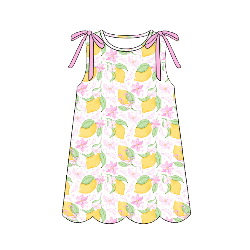 3.21 GSD3974 Preorder Lemon Flowers Print Girls Summer Sleeveless Scallop Knee Length Dress