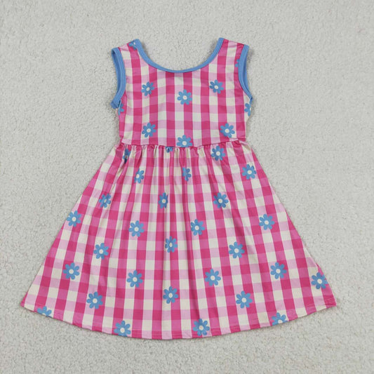 GSD4007 Pink Gingham Floral Backless Bow Baby Summer Sleeveless Dress