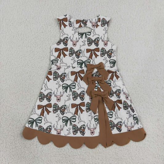 GSD4008 Deer Bows Print Girls Sleeveless Scallop Yoga Dress