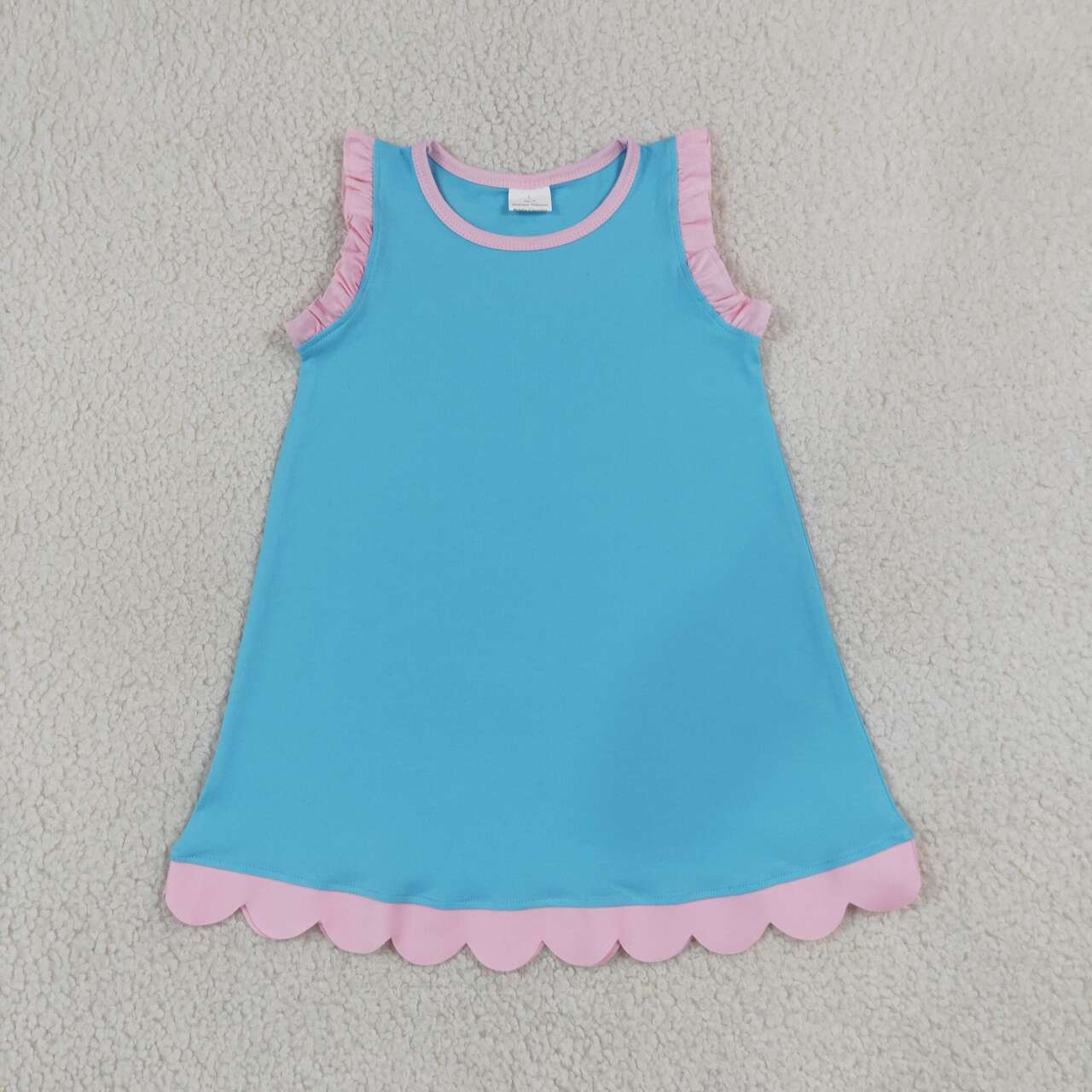 GSD4045 Blue Cotton Pink Scallop Edge Ruffle Toddler Girls Summer Dress
