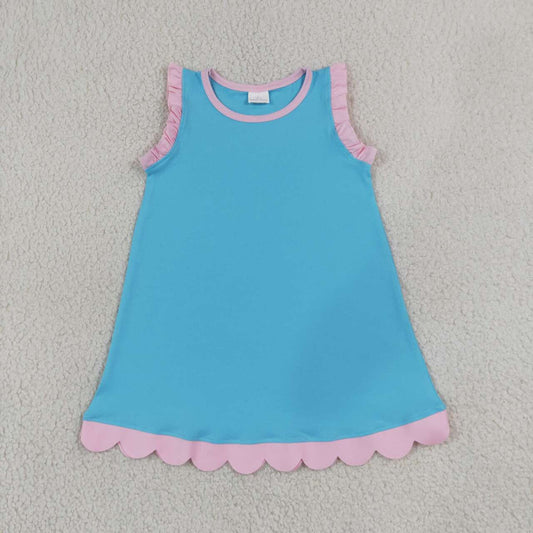 GSD4045 Blue Cotton Pink Scallop Edge Ruffle Toddler Girls Summer Dress