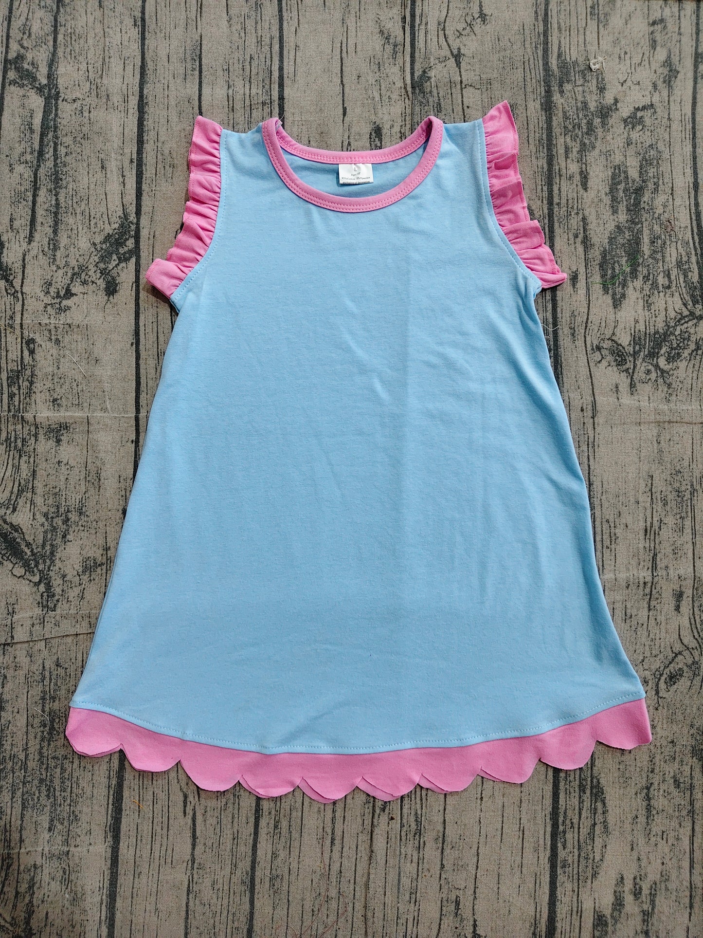 Toddler Girls Blue Pink Scalloped Edge Ruffle Tank Dress Preorder