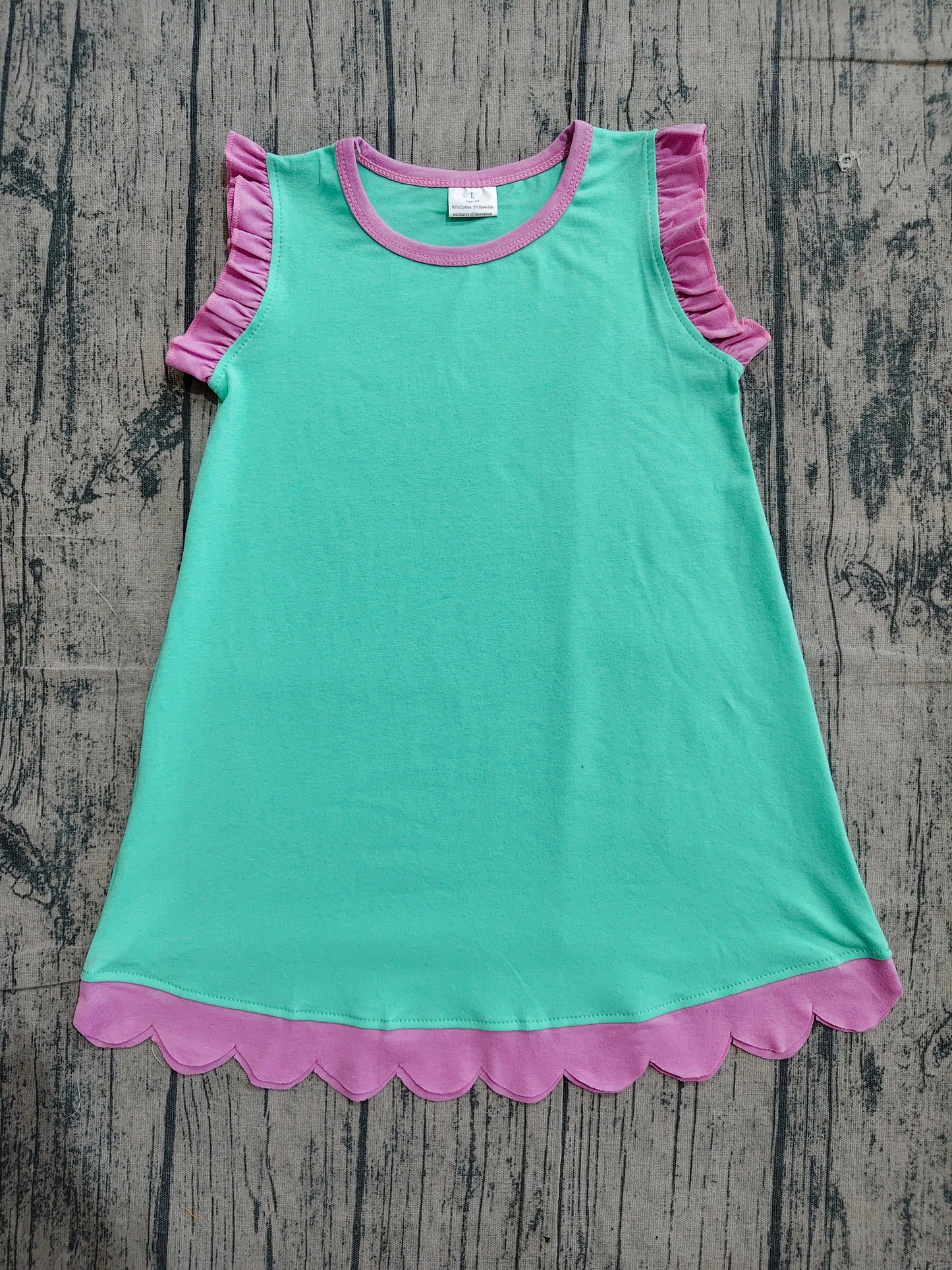 Toddler Girls Green Pink Scalloped Edge Ruffle Tank Dress Preorder