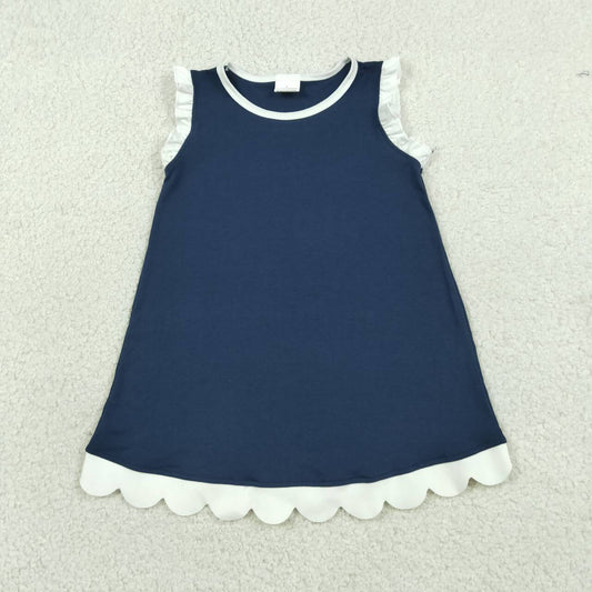 Toddler Navy Cotton Scalloped Edge Ruffle Girls Summer Dress
