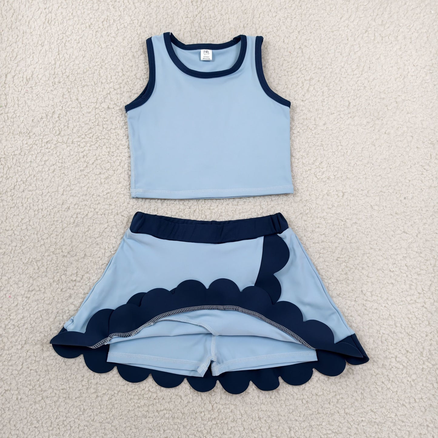 GSD4082 Blue Sleeveless Tank Top Navy Scallop Edge Skort Girls Summer Yoga Clothes Set