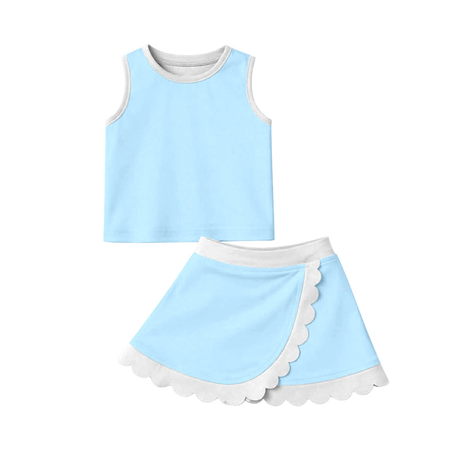 4.9 GSD4084 Preorder Blue Sleeveless Top Scallop Skirts Girls Summer Yoga Clothes Set