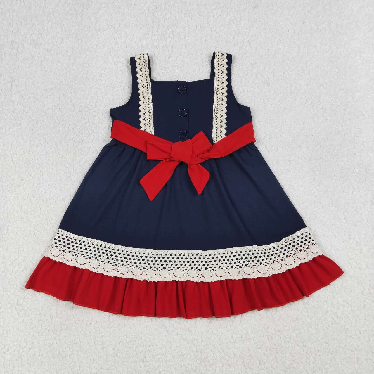 (Promotion)GSD4087 Toddler Girls Flag Embroidery Navy 4th of July Ruffles Dress