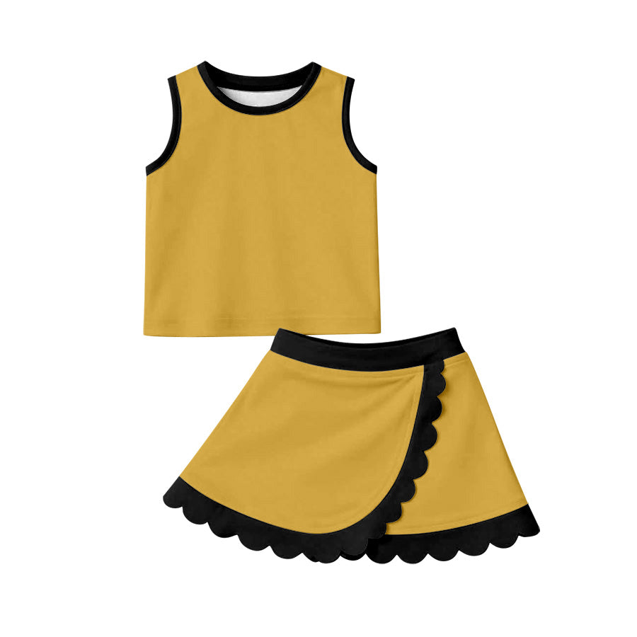 4.11 GSD4099 Preorder Mustard Sleeveless Top Scallop Skirts Girls Summer Yoga Clothes Set