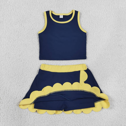GSD4111 Navy Tank Top Yellow Scallop Edge Skort Girls Active Clothes Yoga Outfits