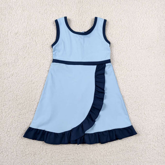 Toddler Sibling Kids Girls Light Blbe with Navy Ruffle Dress & Skort Outfit Active Wear