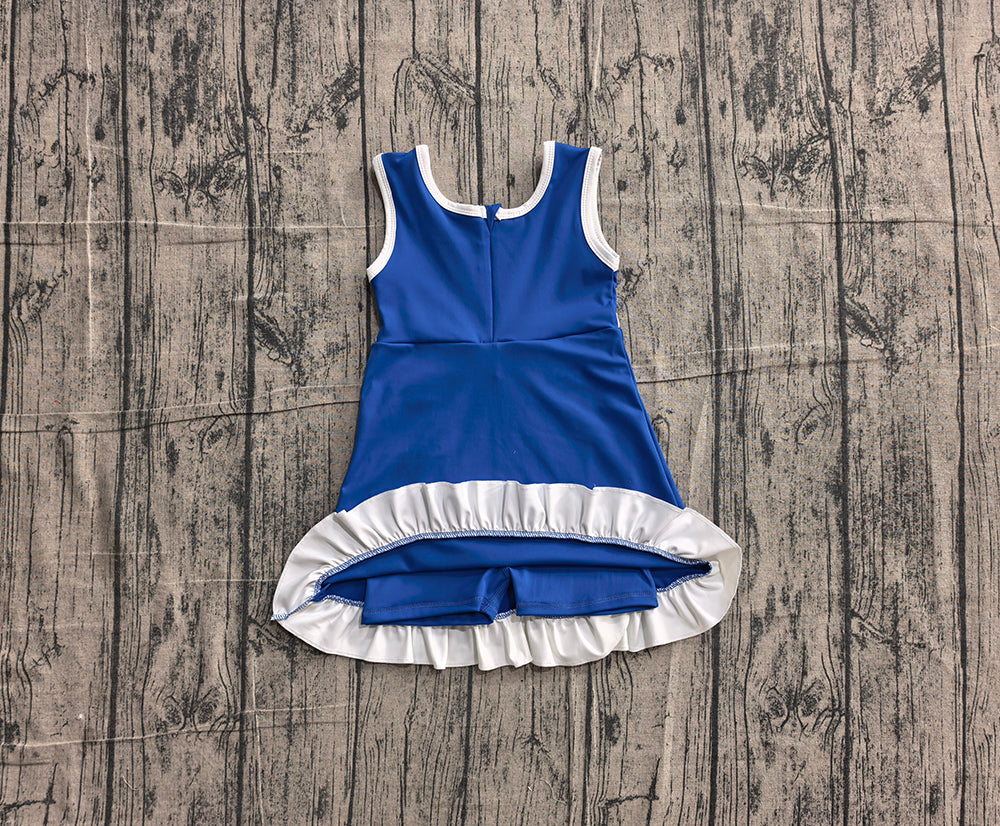 GSD4141 Blue & White Girls Sleeveless Ruffle Yoga Zipper Dress