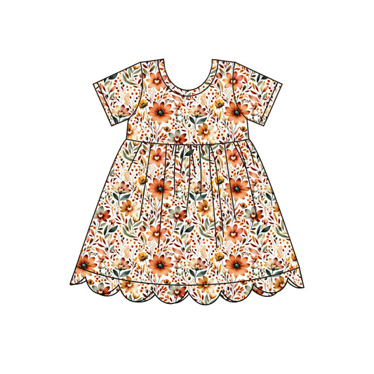4.28 GSD4155 Orange Flowers Baby Girls Scallop Knee Length Dress Preorder