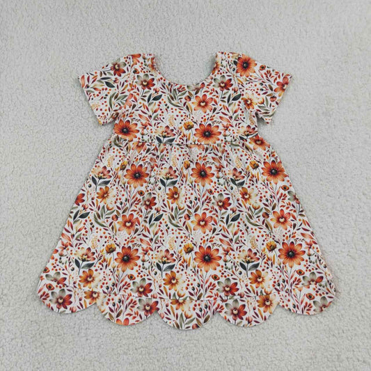 GSD4155 Orange Flowers Baby Girls Scallop Edge Knee Length Dress